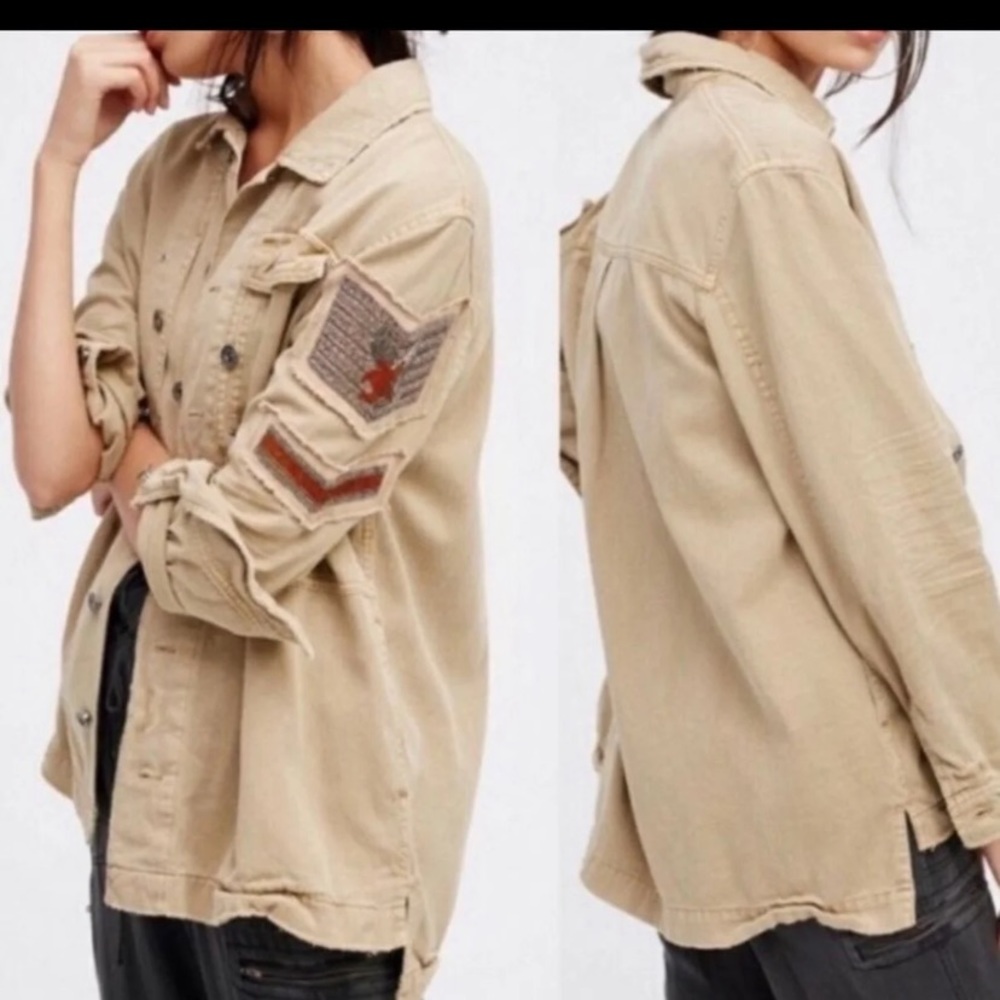 Free People Embellished Military Style Shirt Jacket